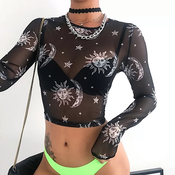 Black mesh sun moon & stars sheer crop top - Picture 4 of 15